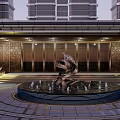 Luxurious Main Entrance Gate With Central Fountain Sculpture And Modern Buildings
