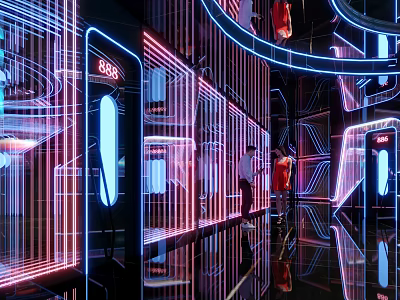 Modern KTV Interior With Neon Lights Reflective Floor Corridor And People Walking 3d model