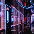 Modern KTV Interior With Neon Lights Reflective Floor Corridor And People Walking
