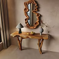 Natural Wooden Console Table with Gray Lampshade Fruit Bowl Vase and Decorative Curved Mirror