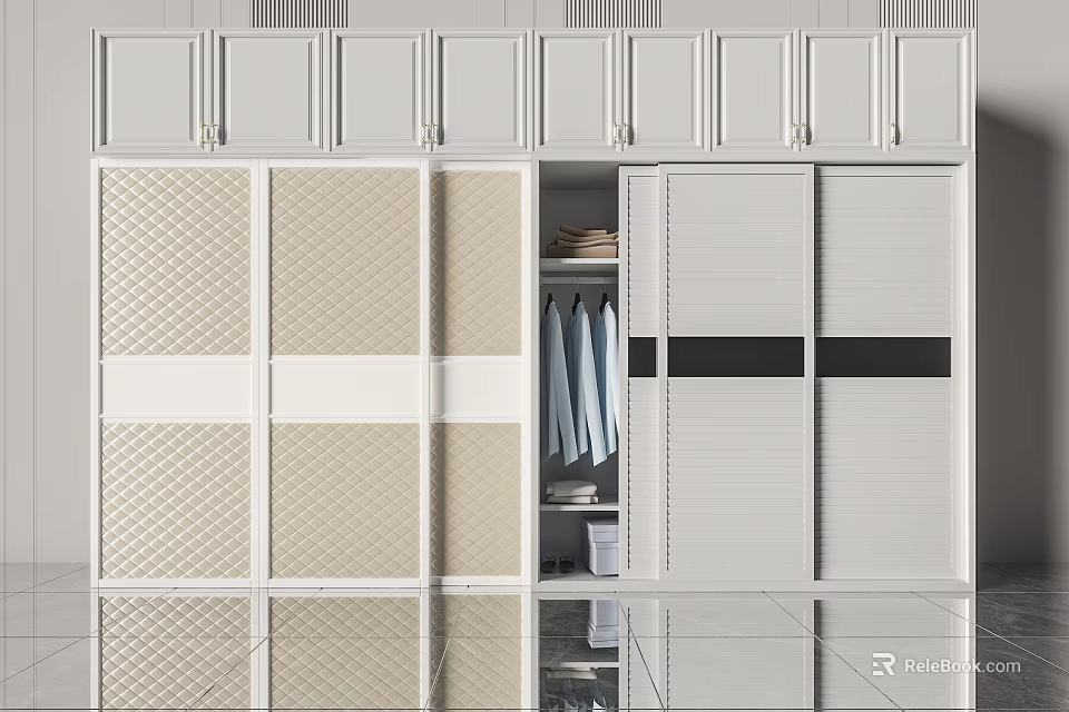 Modern White Wardrobe Design With Sliding Doors Patterned Panels And Hanging Clothes 3d model 