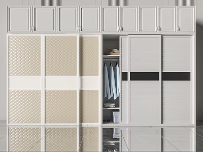Modern White Wardrobe Design With Sliding Doors Patterned Panels And Hanging Clothes 3d model