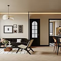 Modern Living and Dining Room with Sofa Chairs Decorative Paintings Pendant Lights and Herringbone Floor