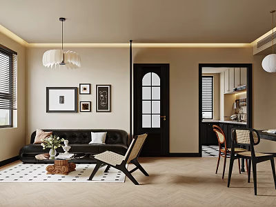 Modern Living and Dining Room with Sofa Chairs Decorative Paintings Pendant Lights and Herringbone Floor 3d model