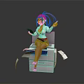 Anime Female Game Character With Red Twin Ponytails Wearing Glasses Sitting On Printer Holding Papers