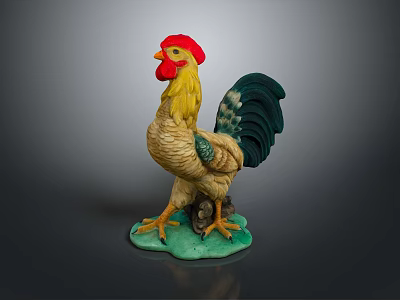 Colorful Decorative Rooster Figurine With Red Comb Green Tail Yellow Body Standing On Green Base 3d model