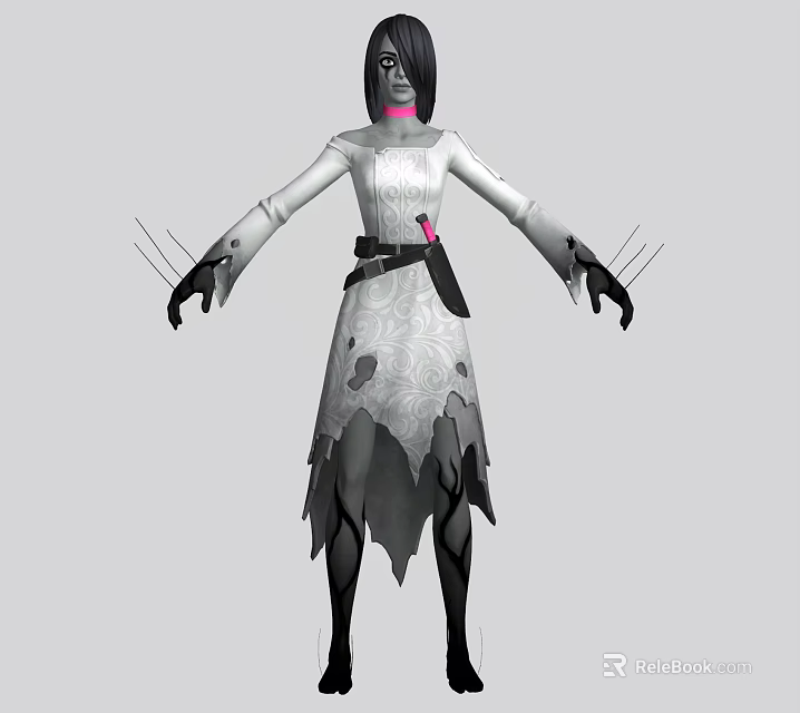 Game Movie Character With Black Hair White Patterned Dress Tattered Hem Black Belt Claw Fingers 3d model 