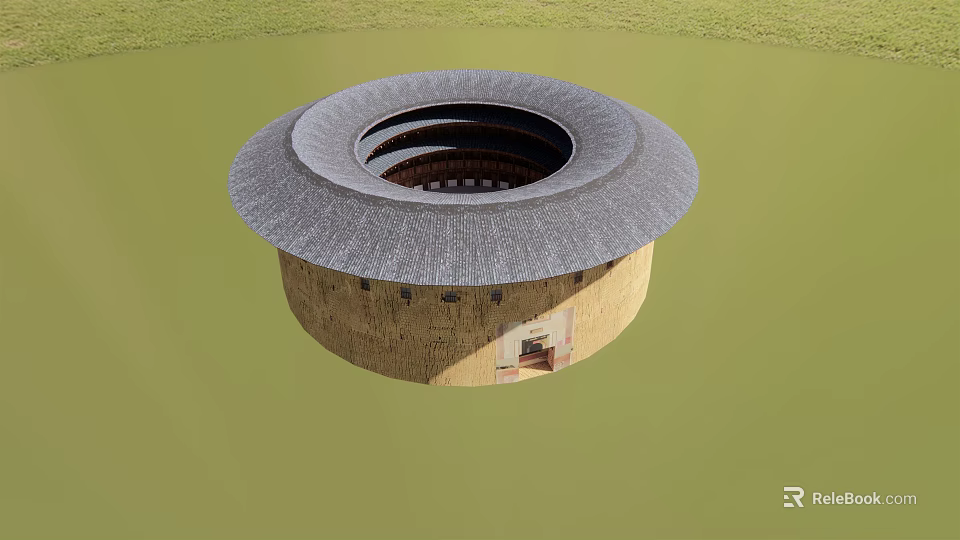 Ancient Circular Architecture with Multi layer Ring Design Gray Tile Roof and Yellow Earthen Wall 3d model
