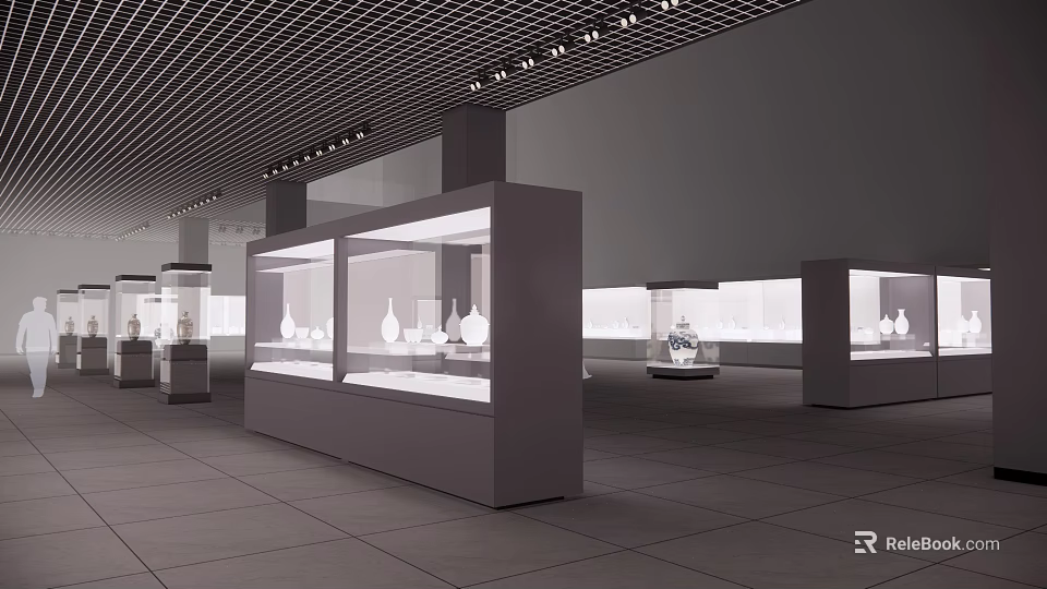 Modern Exhibition Hall Interior With Glass Display Cases And Porcelain Exhibits 3d model 