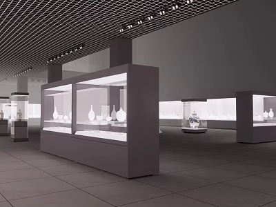 Modern Exhibition Hall Interior With Glass Display Cases And Porcelain Exhibits 3d model