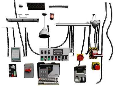 Industrial Equipment Components Including Control Panels Buttons Indicator Lights And Cables 3d model