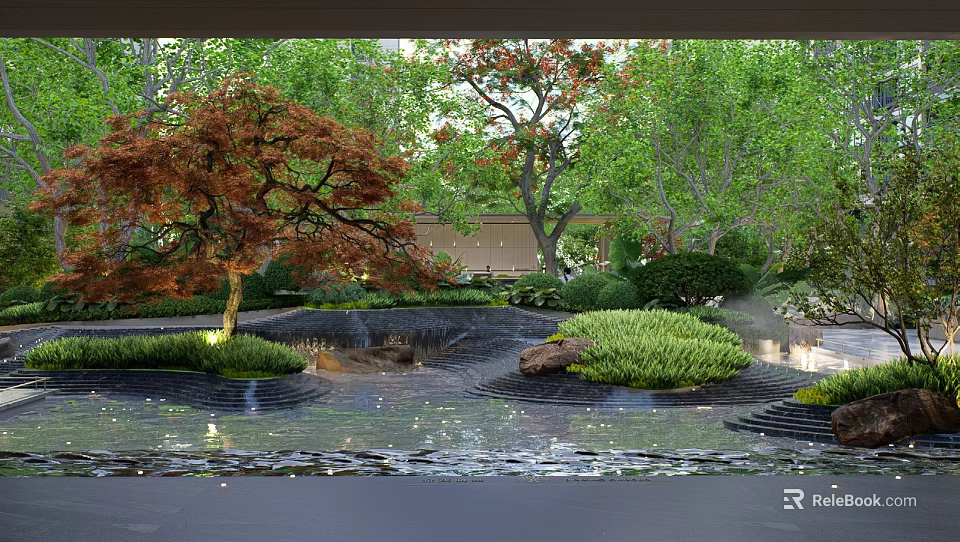 Residential Landscape With Trees Red Green Foliage Small Pond Stones And Grass 3d model 