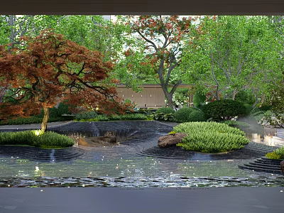 Residential Landscape With Trees Red Green Foliage Small Pond Stones And Grass 3d model
