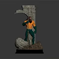 Game Movie Character Statue Holding Trident Standing By Stone Arch With Rock Base