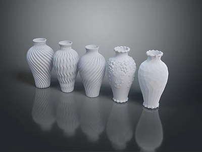 White Sculpture Carving Vases With Various Textures Shapes Spiral Patterns Petal Edges And Reflections 3d model