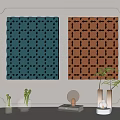 Decorative Wall Panels With Textured Patterns In Blue Green Brown And Vases Plants Decorative Items