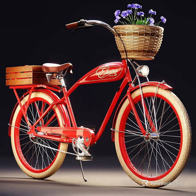 Red Vintage Bicycle Garden Decor Piece With Wicker Basket And Wooden Crate For Outdoor Use 3d model 