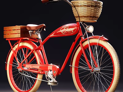 Red Vintage Bicycle Garden Decor Piece With Wicker Basket And Wooden Crate For Outdoor Use 3d model