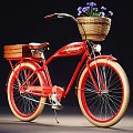 Red Vintage Bicycle Garden Decor Piece With Wicker Basket And Wooden Crate For Outdoor Use