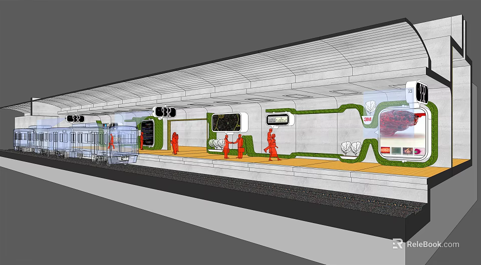 Modern Subway Station Interior With Platform Passengers Information Screens And Green Accents 3d model 