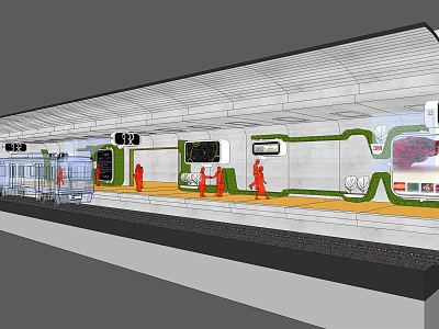 Modern Subway Station Interior With Platform Passengers Information Screens And Green Accents 3d model
