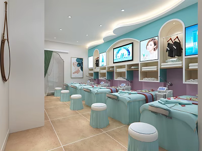 Modern SPA Treatment Room With Light Blue Sheet Beds White Stools And Wall Mounted Screens 3d model