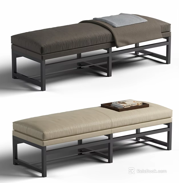 Contemporary Upholstered Benches In Dark Brown And Beige With Metal Frame Tray And Magazines 3d model 
