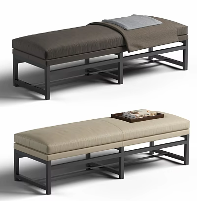 Contemporary Upholstered Benches In Dark Brown And Beige With Metal Frame Tray And Magazines 3d model