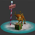 Little Reindeer By North Pole Sign With Red White Striped Pole And Gift Box On Snow