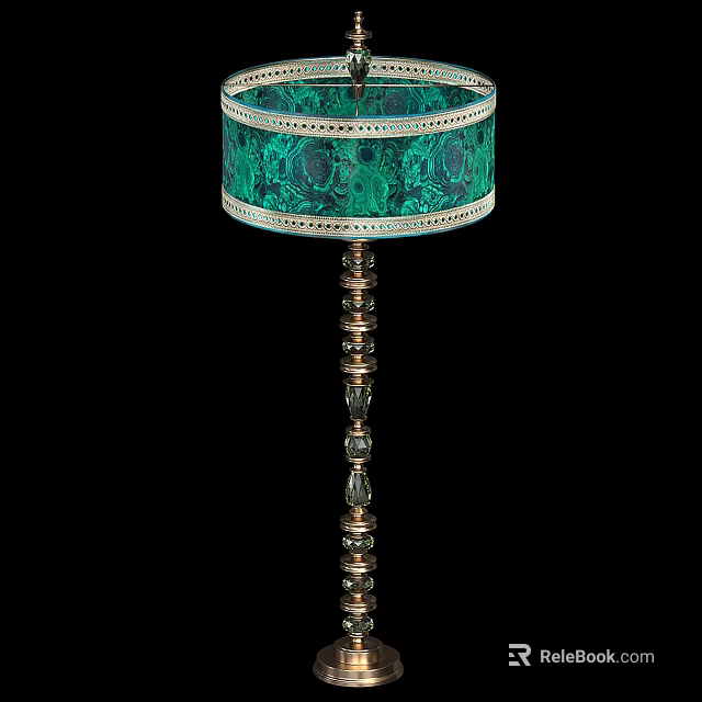 Elegant Green Patterned Floor Lamp With Trimmed Shade And Decorative Beaded Pole 3d model