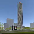Tall Modern Office Building With Surrounding Buildings Green Lawns Trees And Road Vehicles