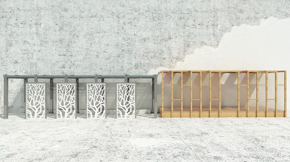 Modern Sofa Coffee Table Set with Gray Wall White Hollow Tree Partition and Light Floor 3d model 