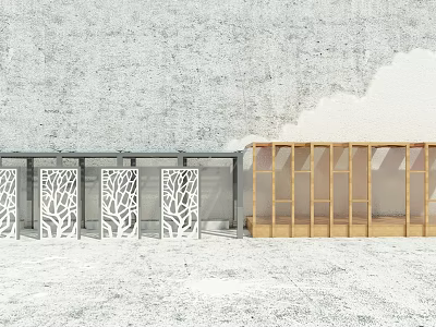 Modern Sofa Coffee Table Set with Gray Wall White Hollow Tree Partition and Light Floor 3d model