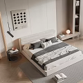Modern Bedroom Interior With Double Bed Gray Bedding Rug Wooden Floor And Wall Art