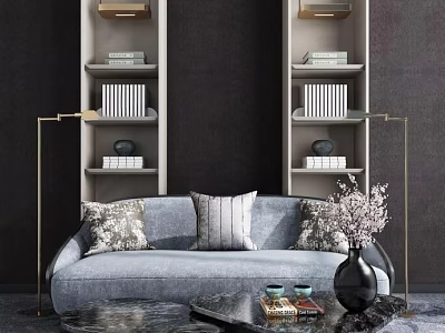 Three Seater Gray Sofa with Decorative Throw Pillows Symmetric Bookshelves and Coffee Table with Vase 3d model