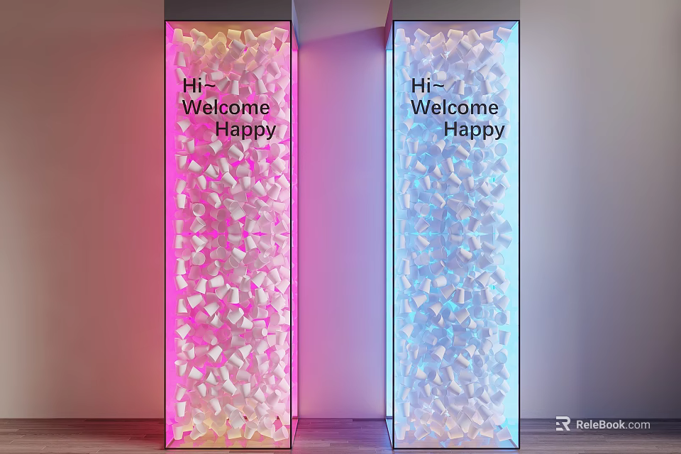 Decorative Lighted Pillars With Hi Welcome Happy Text Pink Blue Illumination And Shattered Geometric Pieces 3d model 