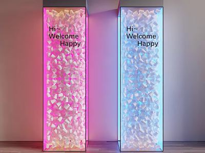 Decorative Lighted Pillars With Hi Welcome Happy Text Pink Blue Illumination And Shattered Geometric Pieces 3d model