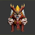 Game Movie Mythical Character With Red Yellow Fur Flaming Horns Green White Decorative Patterns