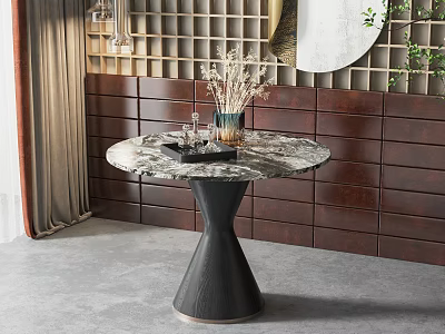 Modern Coffee Table With Marble Top Black Base Wooden Wall Round Mirror Green Plant Vase 3d model