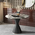 Modern Coffee Table With Marble Top Black Base Wooden Wall Round Mirror Green Plant Vase