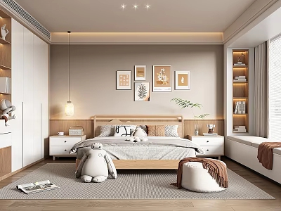Modern Bedroom Interior With Bed Bedside Tables Framed Art Pendant Light And Soft Rug 3d model