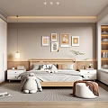 Modern Bedroom Interior With Bed Bedside Tables Framed Art Pendant Light And Soft Rug