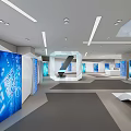 Modern Exhibition Hall Interior Design With White Geometric Stand Blue Screens And Ceiling Lights