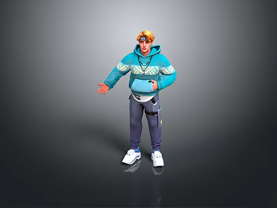 A Casual Man With Blonde Hair Wearing Teal Hoodie Dark Pants And White Sneakers 3d model