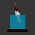 Transparent Cube Container With Red Fish Jumping Water Splashes And White Sand