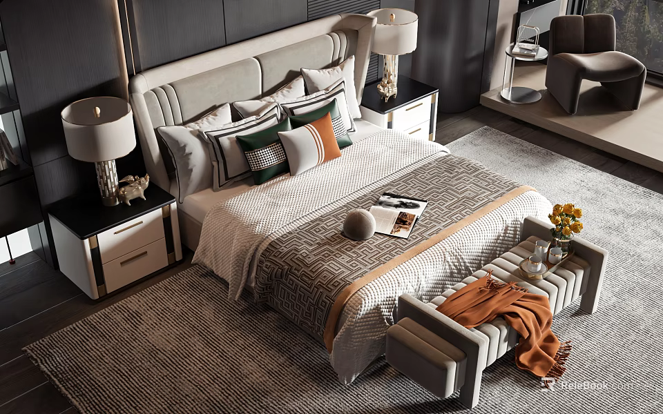 Elegant Double Bed With Upholstered Headboard Decorative Pillows Nightstands And Bench 3d model 
