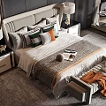 Elegant Double Bed With Upholstered Headboard Decorative Pillows Nightstands And Bench