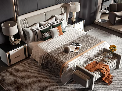 Elegant Double Bed With Upholstered Headboard Decorative Pillows Nightstands And Bench 3d model