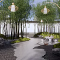 Serene Residential Landscape With Winding Path Bamboo Grove And Lantern Style Lamps