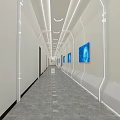 Modern Office Corridor With Wooden Doors Wall Paintings Ceiling Lighting And Polished Floor